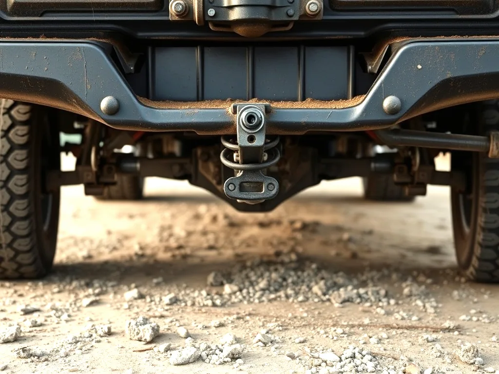 A heavy plate steel rear bumper and hitch under a pickup, shot low from behind on a gravel drive