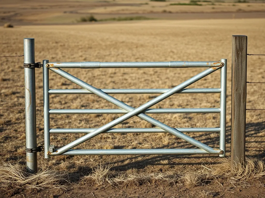 A galvanised tube gate hung shut between a steel post and a wooden post, cross bracing across the frame, dry pasture behind
