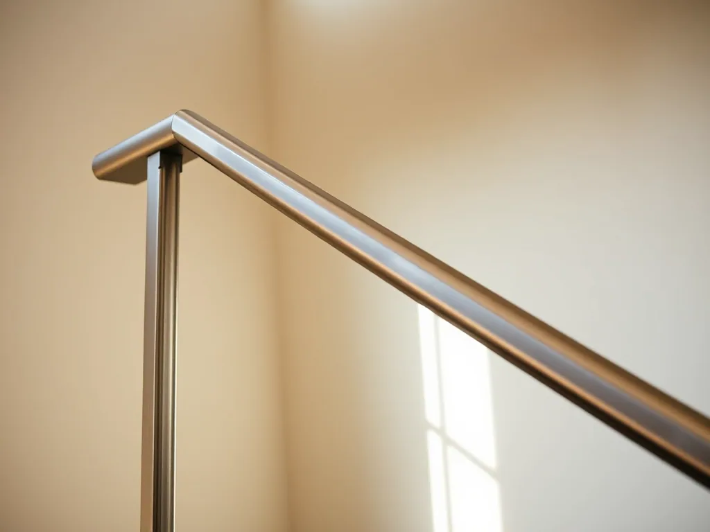 A brushed steel stair rail turning at a landing, light raking along the top rail against a plain wall