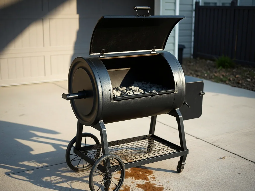 A black offset barrel smoker on a wheeled steel cart in a driveway with the lid propped open over a bed of ash