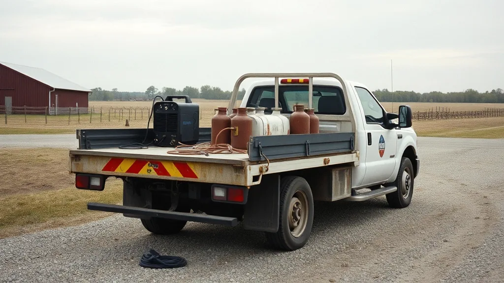 A flatbed service truck parked in a farm yard with a welder and gas bottles strapped to the deck and leads run out onto the gravel